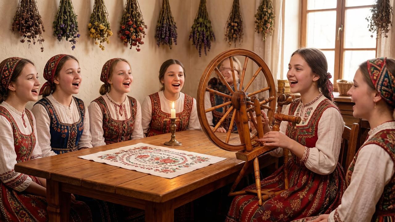 Девушки на посиделках с прялками и вышивкой в Харитинин день.